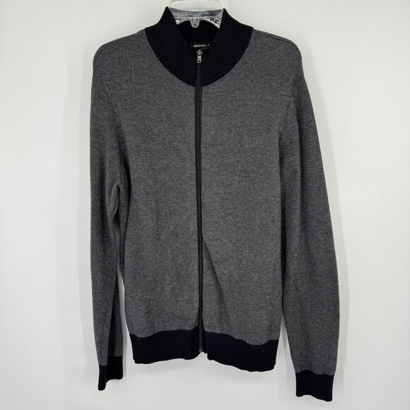 Michael Kors Gray Full-Zip Cotton SweaterBlack Trim Mens Size Large - Picture 2 of 12